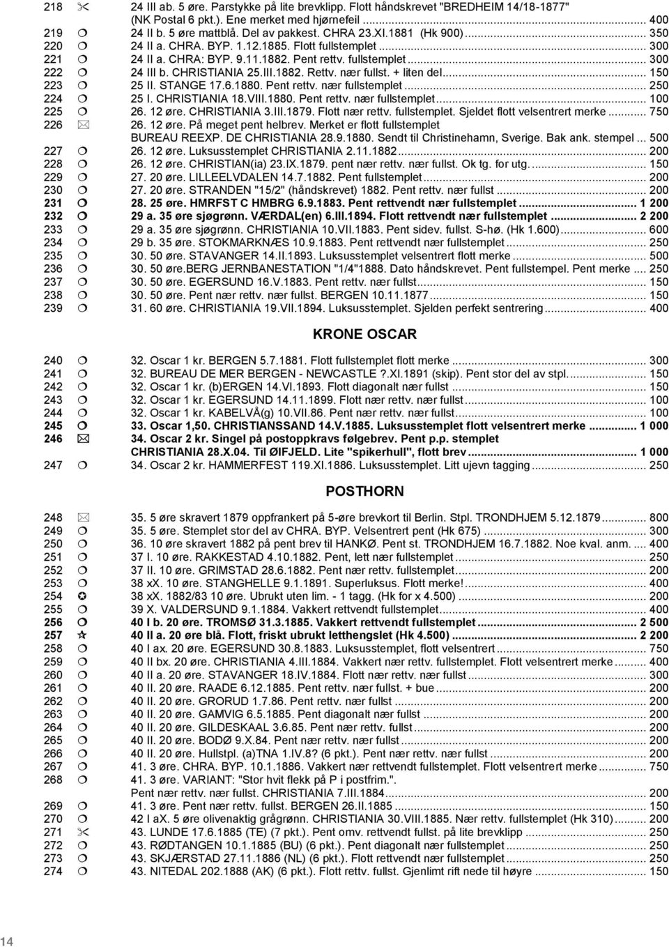 nær fullst. + liten del... 150 223 25 II. STANGE 17.6.1880. Pent rettv. nær fullstemplet... 250 224 25 I. CHRISTIANIA 18.VIII.1880. Pent rettv. nær fullstemplet... 100 225 26. 12 øre. CHRISTIANIA 3.