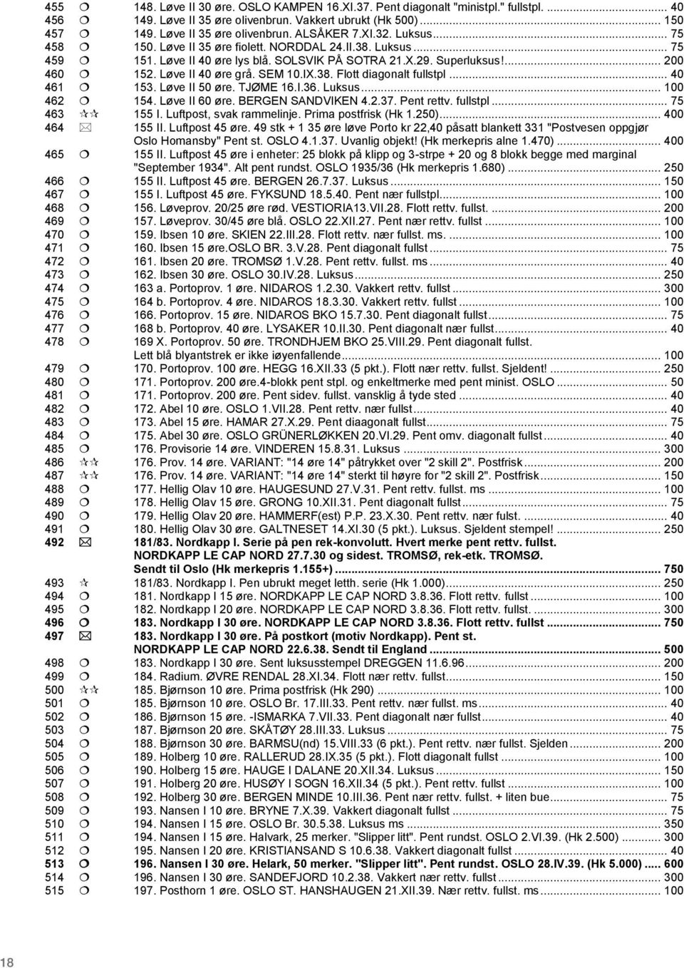 IX.38. Flott diagonalt fullstpl... 40 461 153. Løve II 50 øre. TJØME 16.I.36. Luksus... 100 462 154. Løve II 60 øre. BERGEN SANDVIKEN 4.2.37. Pent rettv. fullstpl... 75 463 155 I.