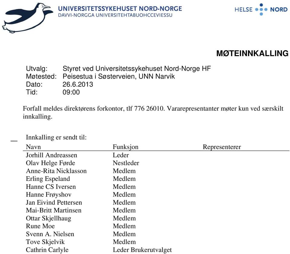 Innkalling er sendt til: Navn Funksjon Representerer Jorhill Andreassen Leder Olav Helge Førde Nestleder Anne-Rita Nicklasson Medlem Erling Espeland Medlem