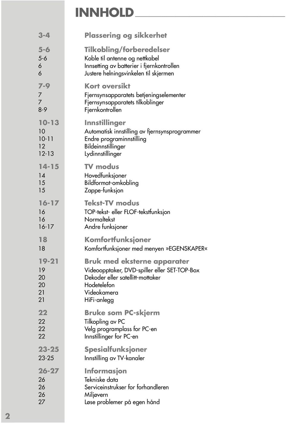 programinnstilling 12 Bildeinnstillinger 12-13 Lydinnstillinger 14-15 TV modus 14 Hovedfunksjoner 15 Bildformat-omkobling 15 Zappe-funksjon 16-17 Tekst-TV modus 16 TOP-tekst- eller FLOF-tekstfunksjon