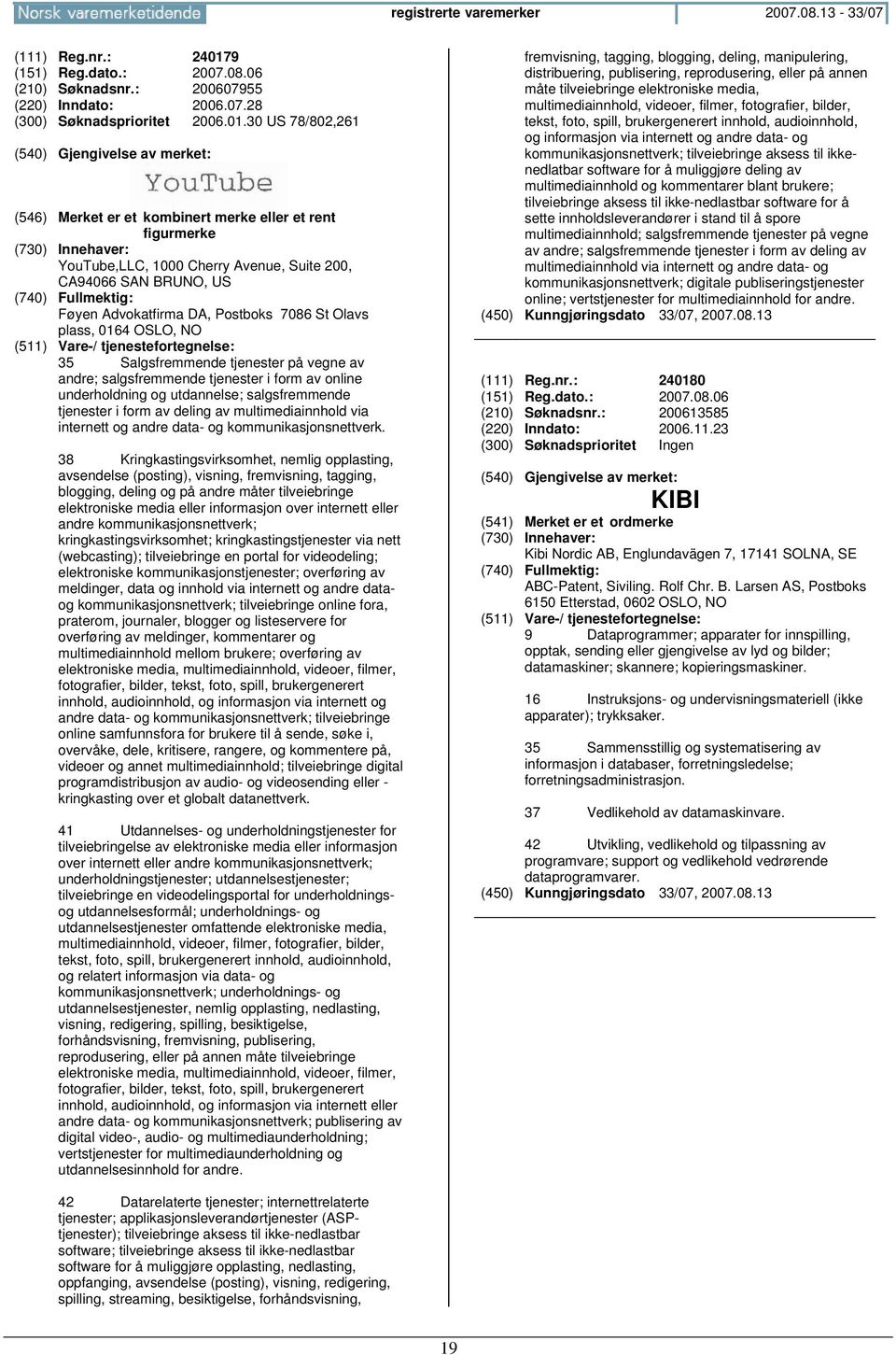 30 US 78/802,261 (546) Merket er et kombinert merke eller et rent figurmerke YouTube,LLC, 1000 Cherry Avenue, Suite 200, CA94066 SAN BRU, US Føyen Advokatfirma DA, Postboks 7086 St Olavs plass, 0164