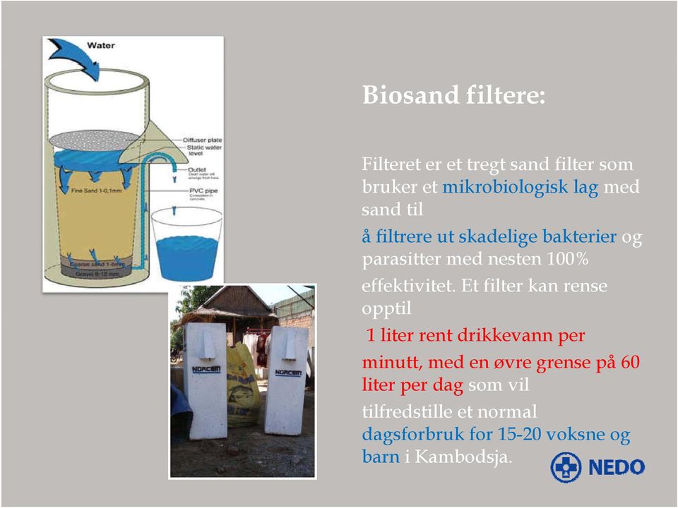 Et filter kan rense opptil 1 liter rent drikkevann per minutt, med en øvre grense på 60