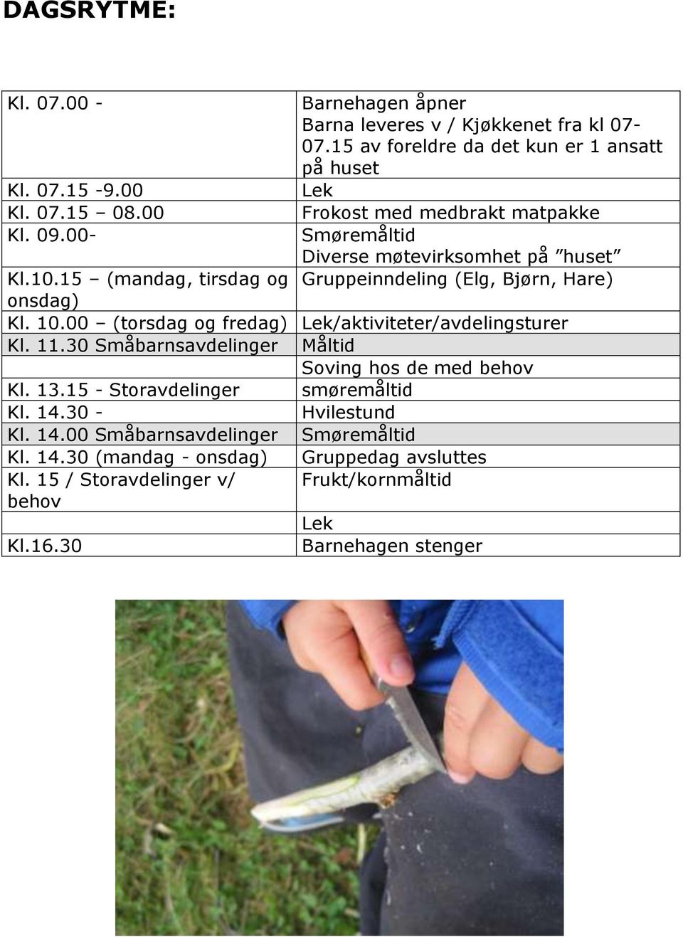 15 (mandag, tirsdag og onsdag) Kl. 10.00 (torsdag og fredag) Lek/aktiviteter/avdelingsturer Kl. 11.30 Småbarnsavdelinger Måltid Soving hos de med behov Kl. 13.