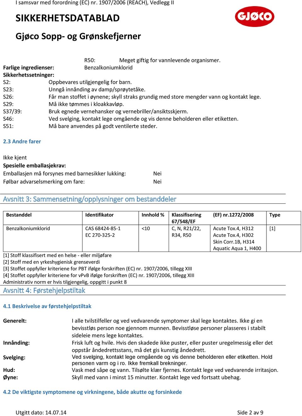 S46: Ved svelging, kontakt lege omgående og vis denne beholderen eller etiketten. S51: Må bare anvendes på godt ventilerte steder. 2.