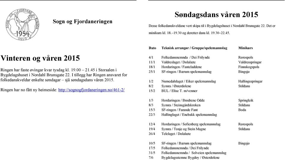 I tillegg har Ringen ansvaret for folkedanskveldar enkelte søndagar sjå søndagsdans våren 2015. Ringen har no fått ny heimeside: http://sognogfjordaneringen.