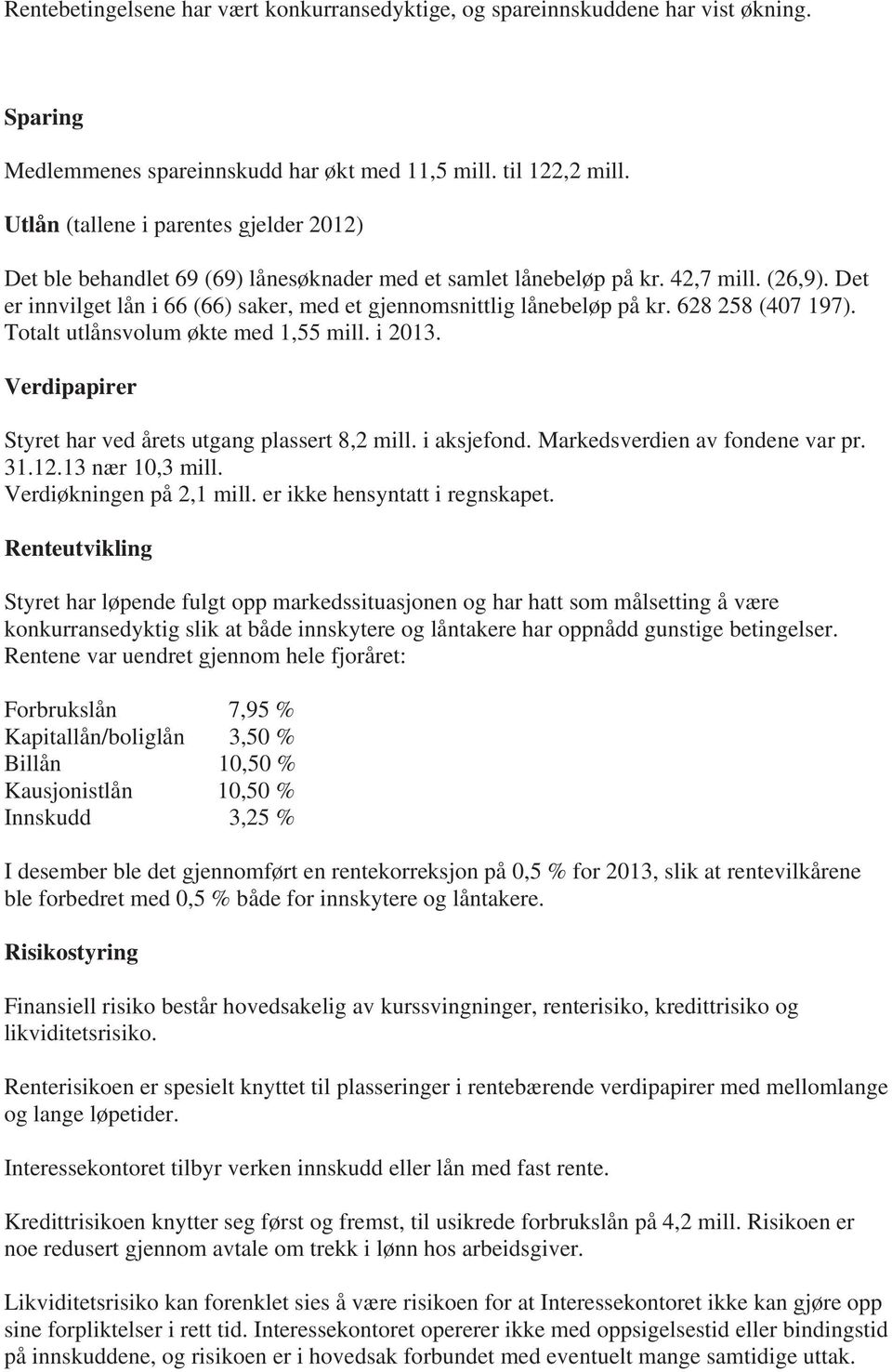 Det er innvilget lån i 66 (66) saker, med et gjennomsnittlig lånebeløp på kr. 628 258 (407 197). Totalt utlånsvolum økte med 1,55 mill. i 2013.