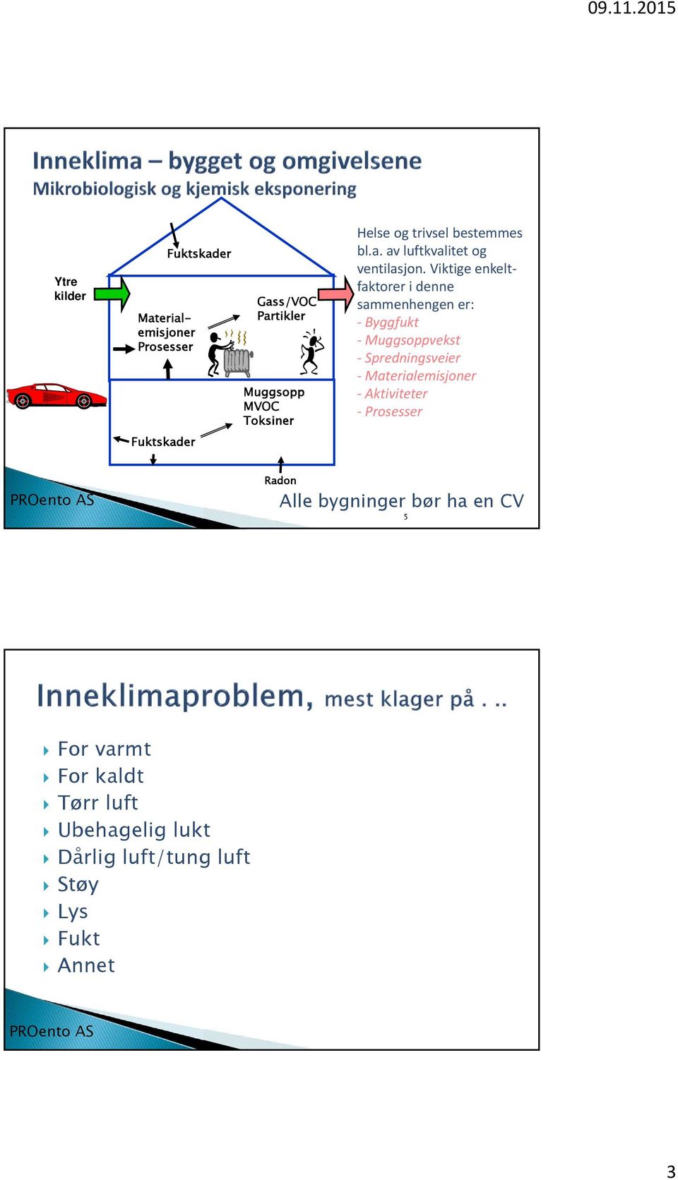 Viktige enkeltfaktorer i denne sammenhengen er: Byggfukt Muggsoppvekst Spredningsveier Materialemisjoner