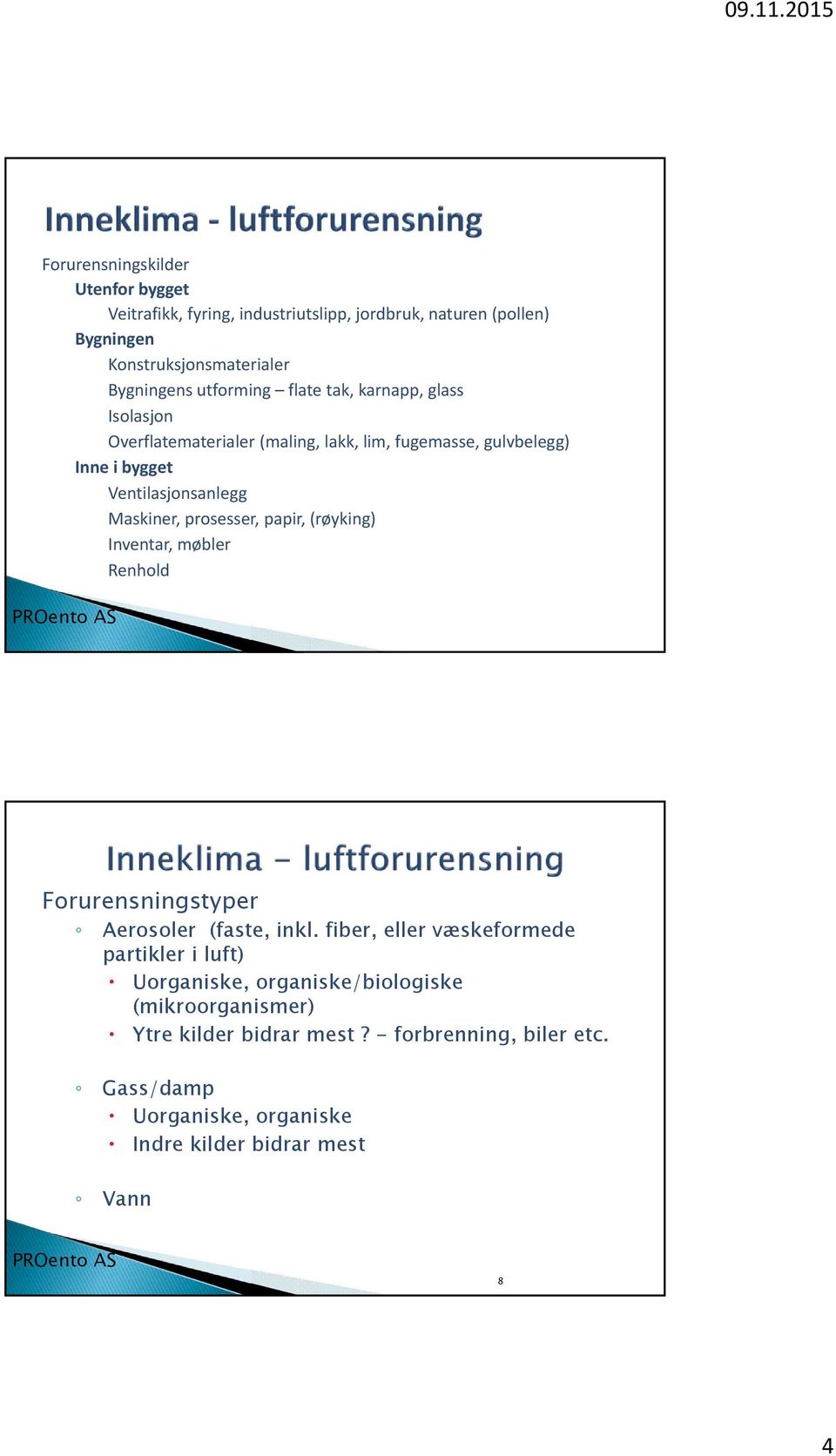 Maskiner, prosesser, papir, (røyking) Inventar, møbler Renhold Forurensningstyper Aerosoler (faste, inkl.