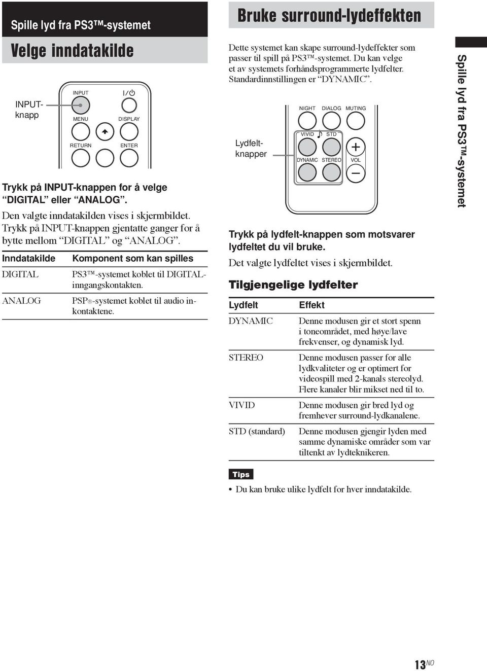 Bruke surround-lydeffekten Dette systemet kan skape surround-lydeffekter som passer til spill på PS3 -systemet. Du kan velge et av systemets forhåndsprogrammerte lydfelter.