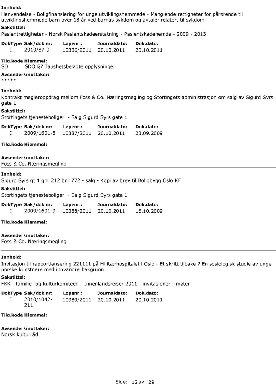 Næringsmegling og Stortingets administrasjon om salg av Sigurd Syrs gate 1 Stortingets tjenesteboliger - Salg Sigurd Syrs gate 1 2009/1601-8 10387/2011 23.09.2009 Foss & Co.