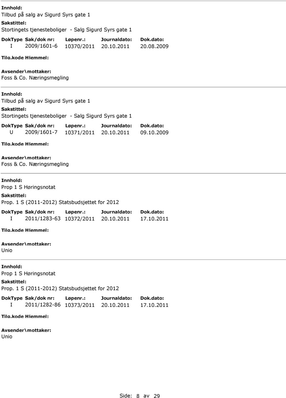 10.2011 Unio nnhold: 2011/1282-86 10373/2011 17.10.2011 Unio Side: 8 av 29