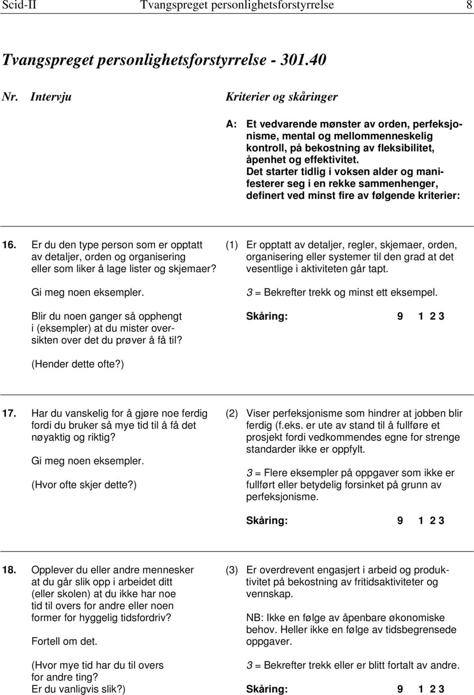 Det starter tidlig i voksen alder og manifesterer seg i en rekke sammenhenger, definert ved minst fire av følgende kriterier: 16.