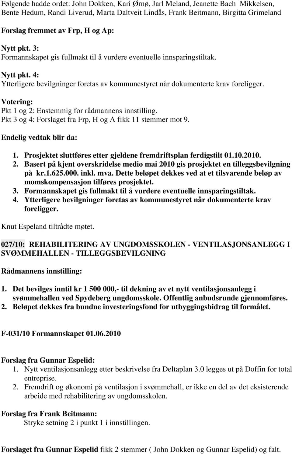 Votering: Pkt 1 og 2: Enstemmig for rådmannens innstilling. Pkt 3 og 4: Forslaget fra Frp, H og A fikk 11 stemmer mot 9. Endelig vedtak blir da: 1.