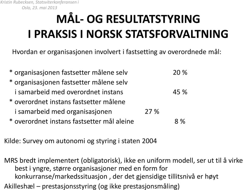 instans fastsetter mål aleine 8 % Kilde: Survey om autonomi og styring i staten 2004 MRS bredt implementert (obligatorisk), ikke en uniform modell, ser ut til å virke best