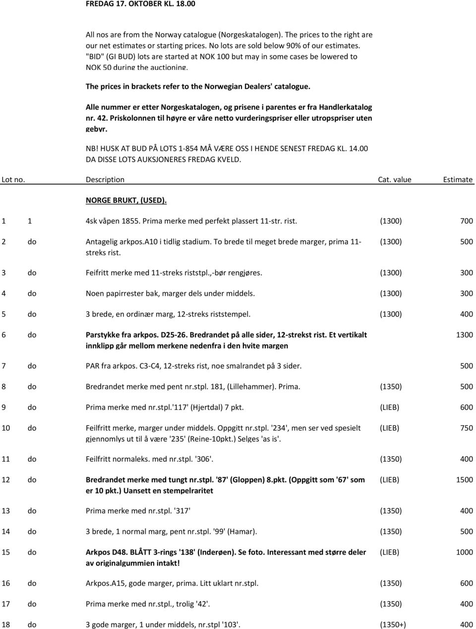 Alle nummer er etter Norgeskatalogen, og prisene i parentes er fra Handlerkatalog nr. 42. Priskolonnen til høyre er våre netto vurderingspriser eller utropspriser uten gebyr. NB!