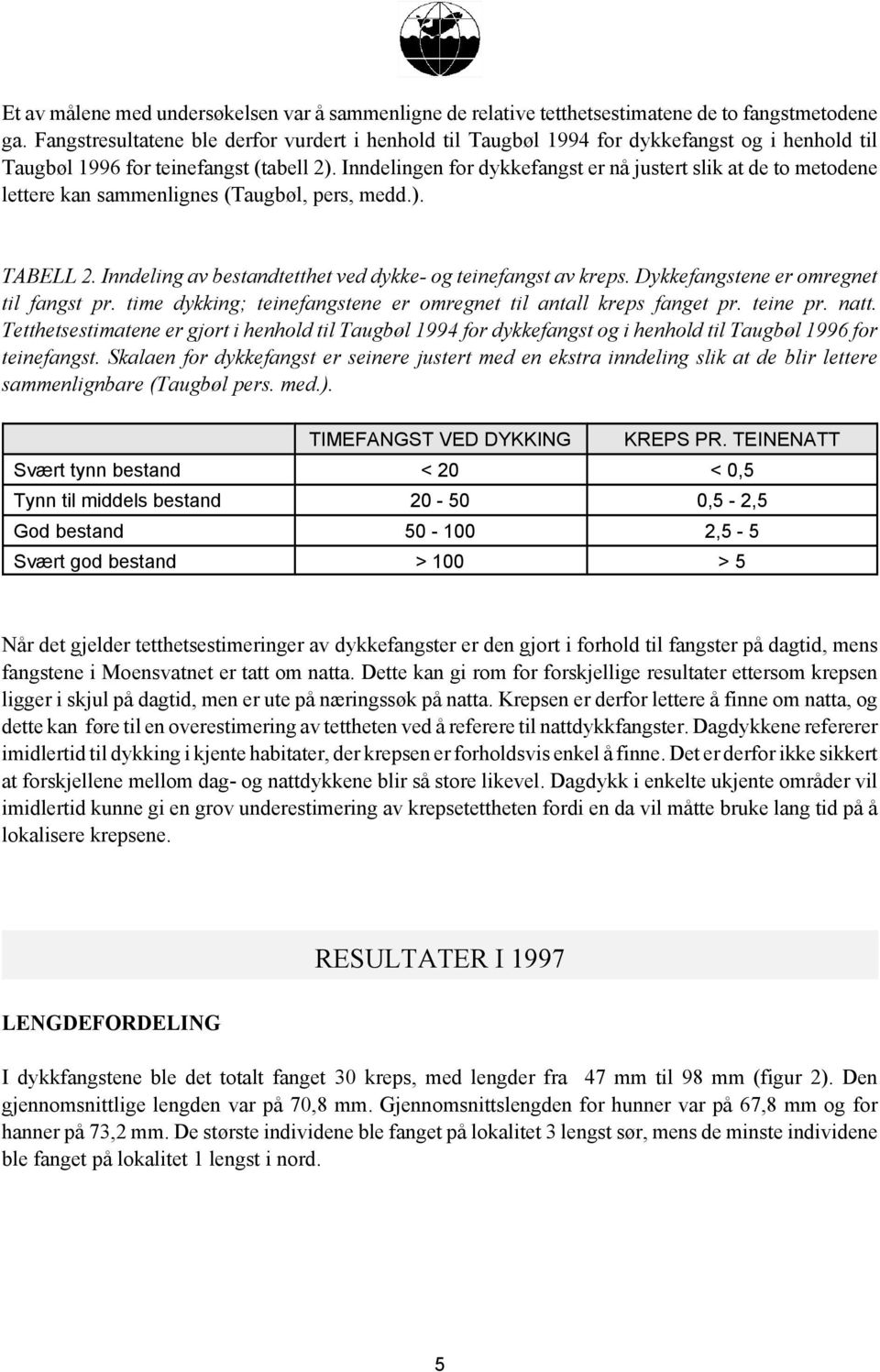 Inndelingen for dykkefangst er nå justert slik at de to metodene lettere kan sammenlignes (Taugbøl, pers, medd.). TABELL 2. Inndeling av bestandtetthet ved dykke- og teinefangst av kreps.