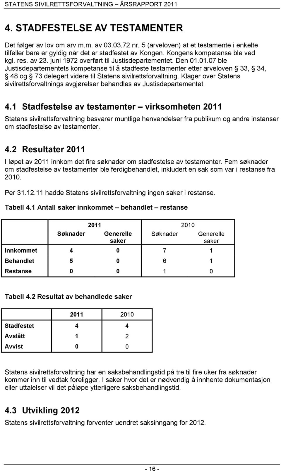 01.07 ble Justisdepartementets kompetanse til å stadfeste testamenter etter arveloven 33, 34, 48 og 73 delegert videre til Statens sivilrettsforvaltning.