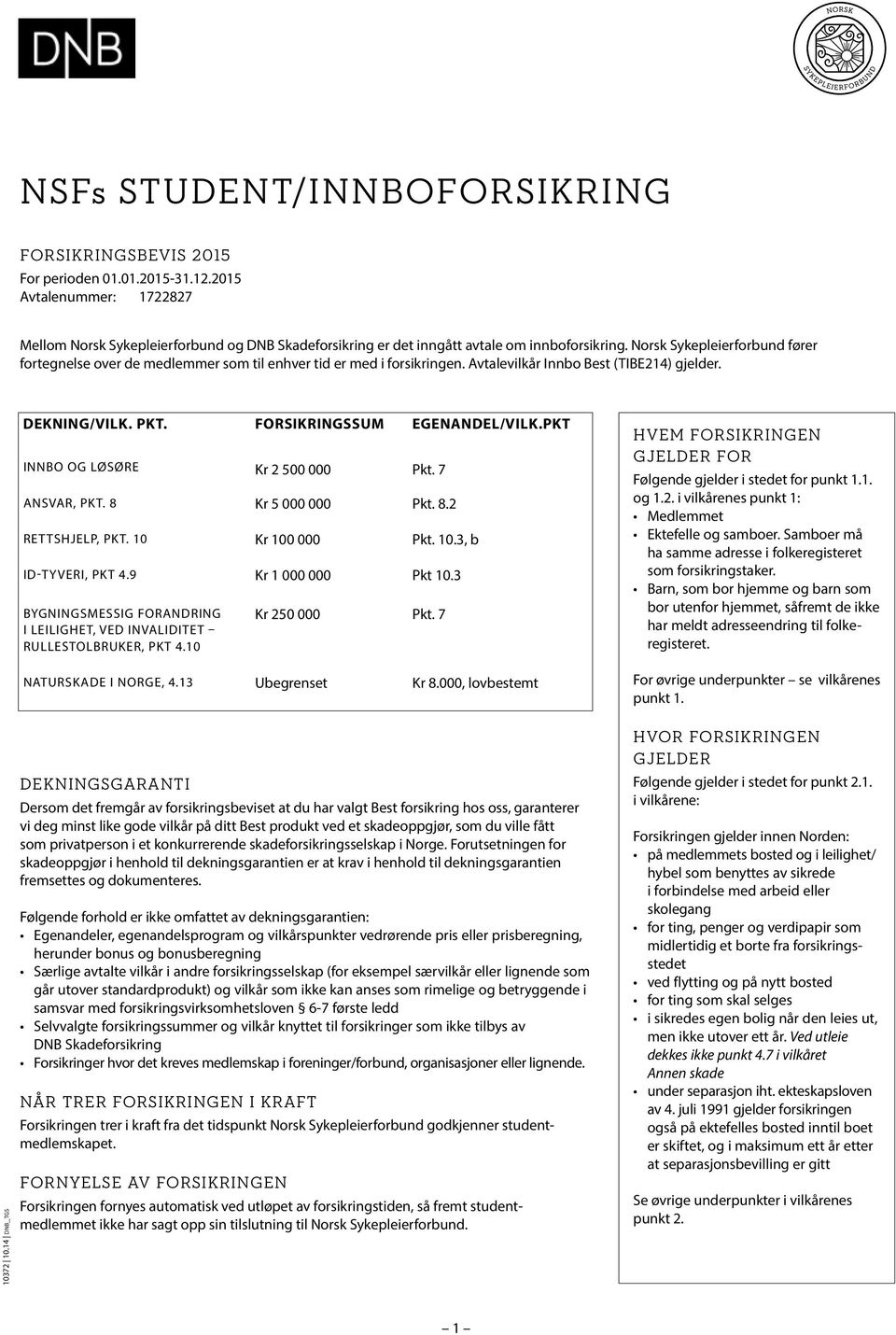 Norsk Sykepleierforbund fører fortegnelse over de medlemmer som til enhver tid er med i forsikringen. Avtalevilkår Innbo Best (TIBE214) gjelder. 10372 10.14 dnb_tgs DEKNING/VILK. PKT.