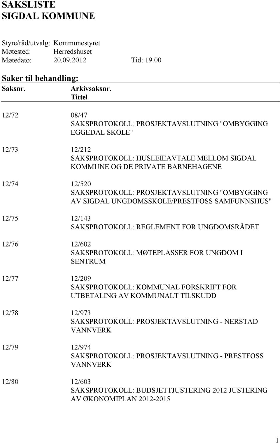 PROSJEKTAVSLUTNING "OMBYGGING AV SIGDAL UNGDOMSSKOLE/PRESTFOSS SAMFUNNSHUS" 12/75 12/143 SAKSPROTOKOLL: REGLEMENT FOR UNGDOMSRÅDET 12/76 12/602 SAKSPROTOKOLL: MØTEPLASSER FOR UNGDOM I SENTRUM 12/77