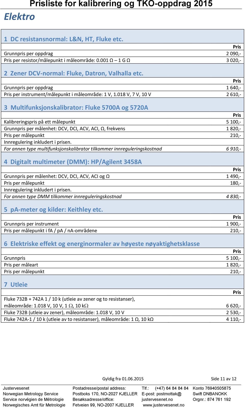 018 V, 7 V, 10 V 2 610,- 3 Multifunksjonskalibrator: Fluke 5700A og 5720A Kalibreringspris på ett målepunkt 5 100,- Grunnpris per målenhet: DCV, DCI, ACV, ACI, Ω, frekvens 1 820,- per målepunkt 210,-