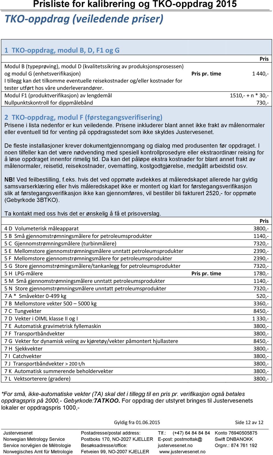 Modul F1 (produktverifikasjon) av lengdemål 1510,- + n * 30,- Nullpunktskontroll for dippmålebånd 730,- 2 TKO-oppdrag, modul F (førstegangsverifisering) ene i lista nedenfor er kun veiledende.