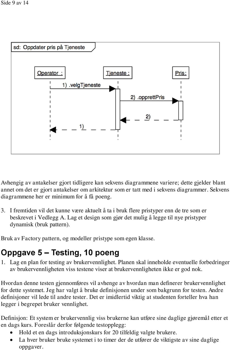 Lag et design som gjør det mulig å legge til nye pristyper dynamisk (bruk pattern). Bruk av Factory pattern, og modeller pristype som egen klasse. Oppgave 5 Testing, 10 poeng 1.