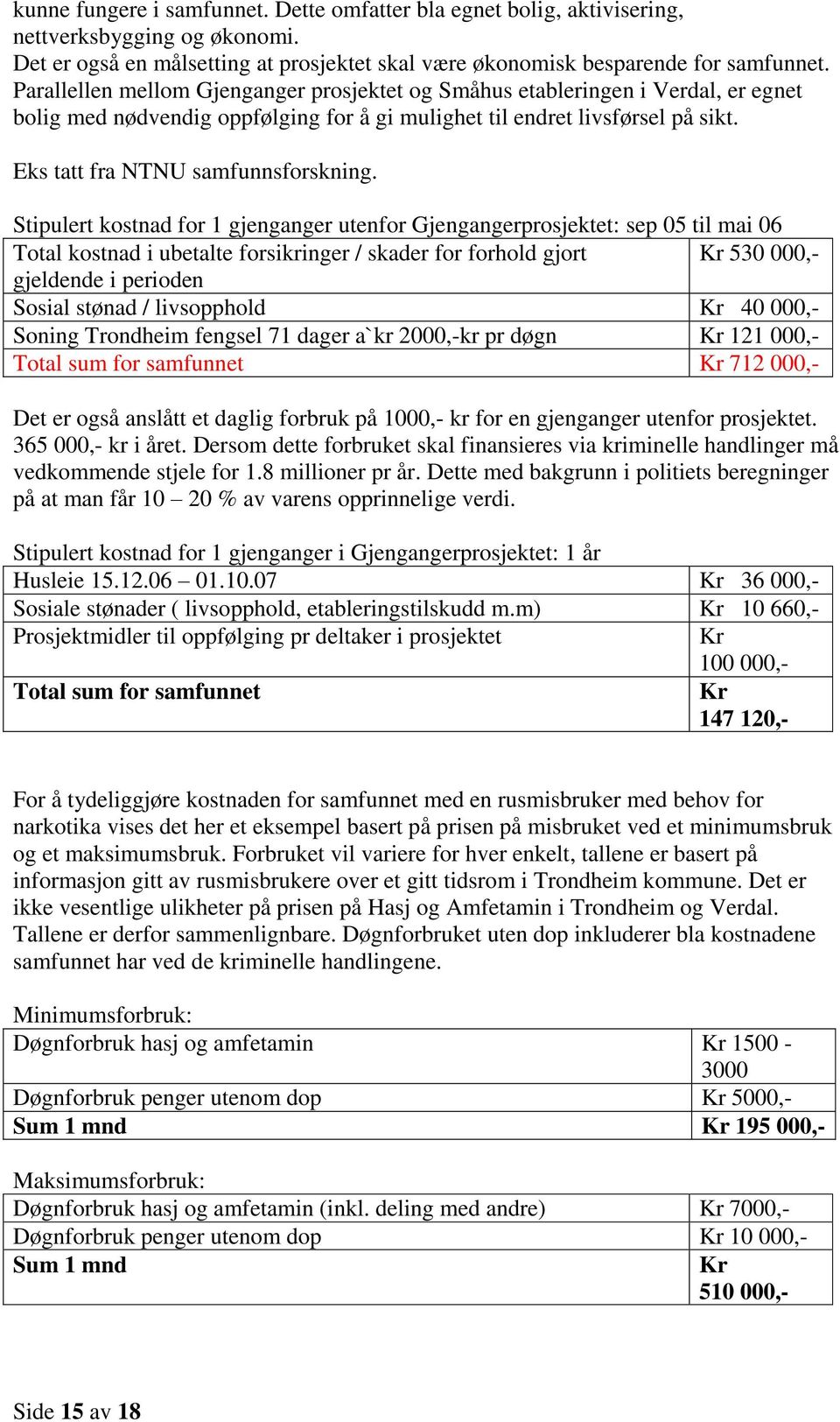 Stipulert kostnad for 1 gjenganger utenfor Gjengangerprosjektet: sep 05 til mai 06 Total kostnad i ubetalte forsikringer / skader for forhold gjort Kr 530 000,- gjeldende i perioden Sosial stønad /