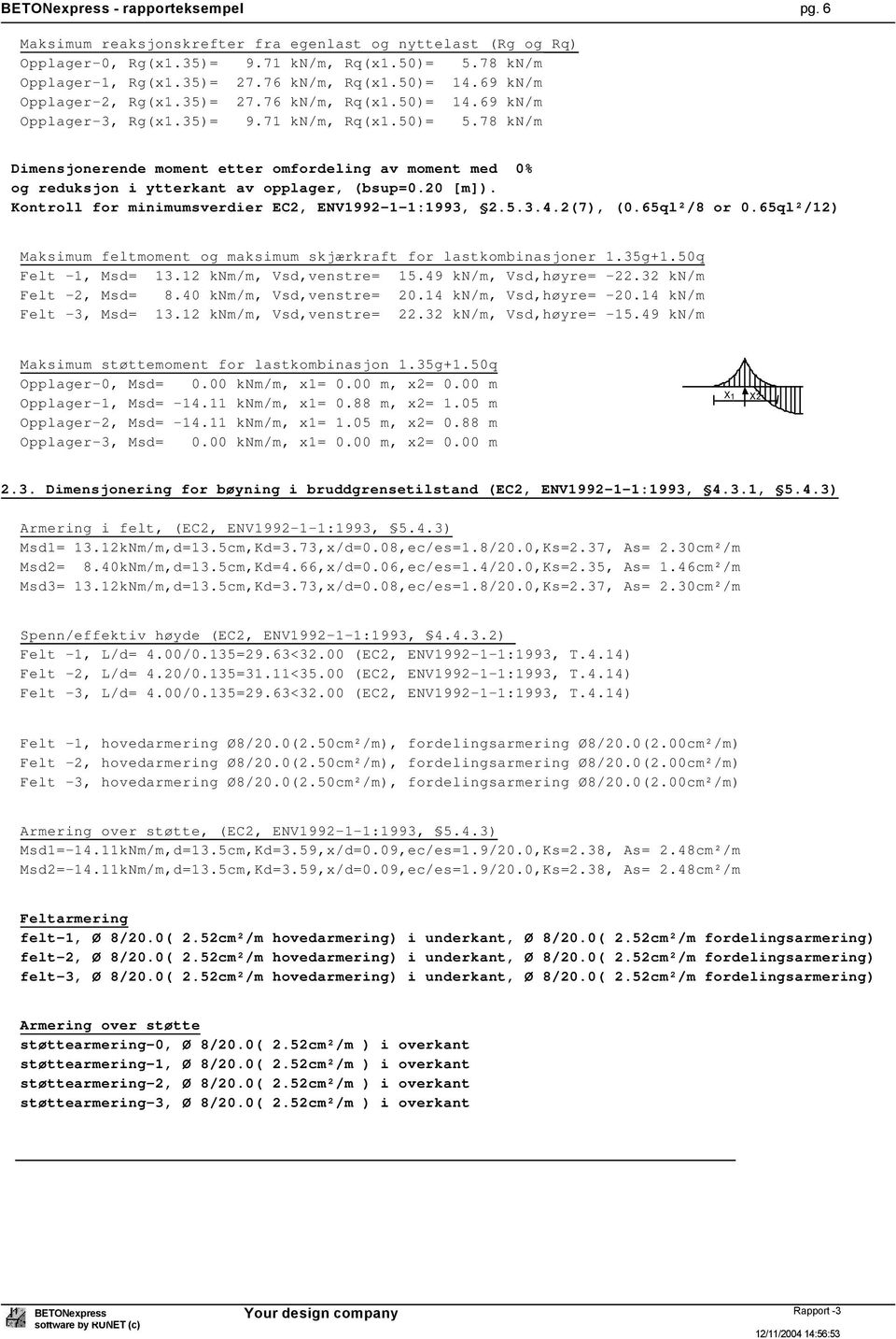 78 kn/m Dimensjonerende moment etter omfordeling av moment med 0% og reduksjon i ytterkant av opplager, (bsup=0.20 [m]). Kontroll for minimumsverdier EC2, ENV1992-1-1:1993, 2.5.3.4.2(7), (0.