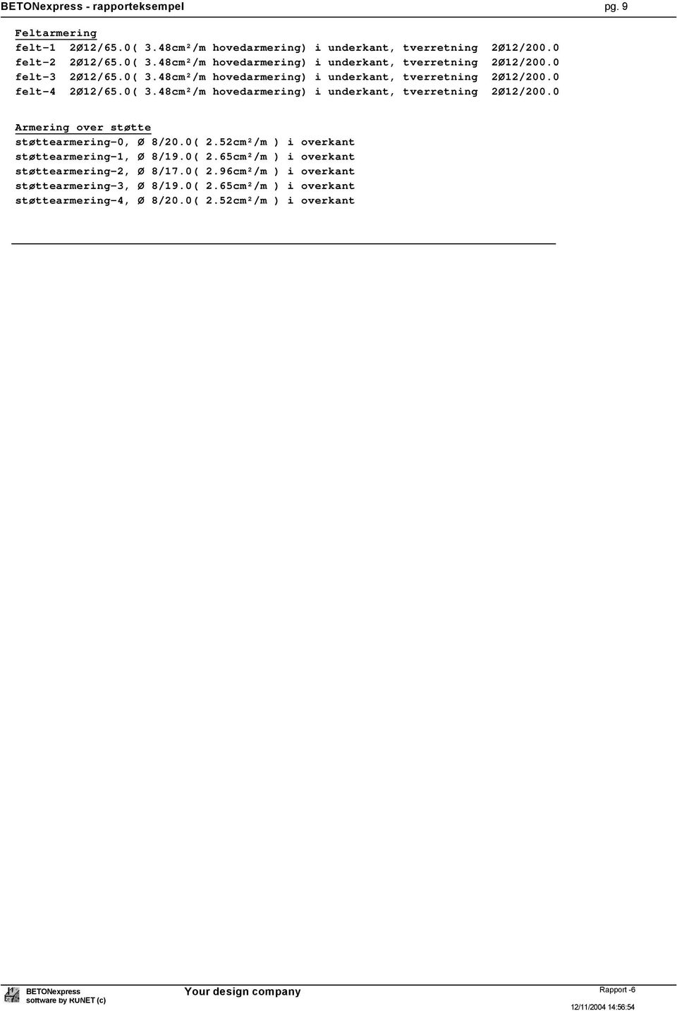 0( 2.52cm²/m ) i overkant støttearmering-1, Ø 8/19.0( 2.65cm²/m ) i overkant støttearmering-2, Ø 8/17.0( 2.96cm²/m ) i overkant støttearmering-3, Ø 8/19.0( 2.65cm²/m ) i overkant støttearmering-4, Ø 8/20.