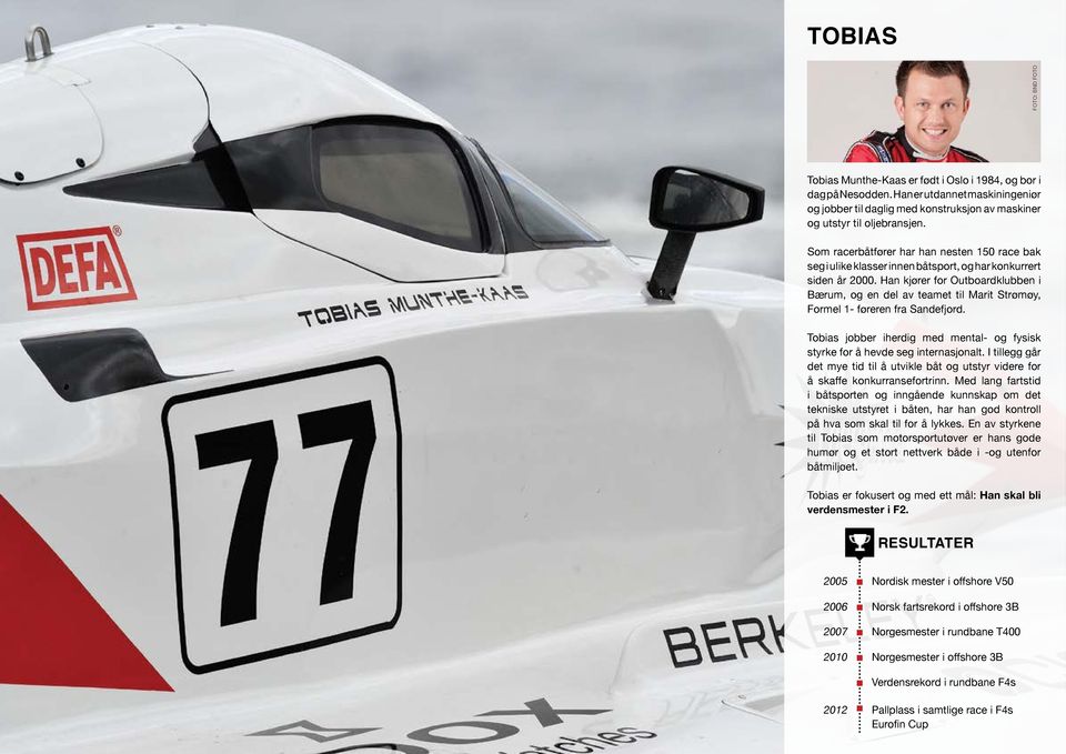 Han kjører for Outboardklubben i Bærum, og en del av teamet til Marit Strømøy, Formel 1- føreren fra Sandefjord. Tobias jobber iherdig med mental- og fysisk styrke for å hevde seg internasjonalt.
