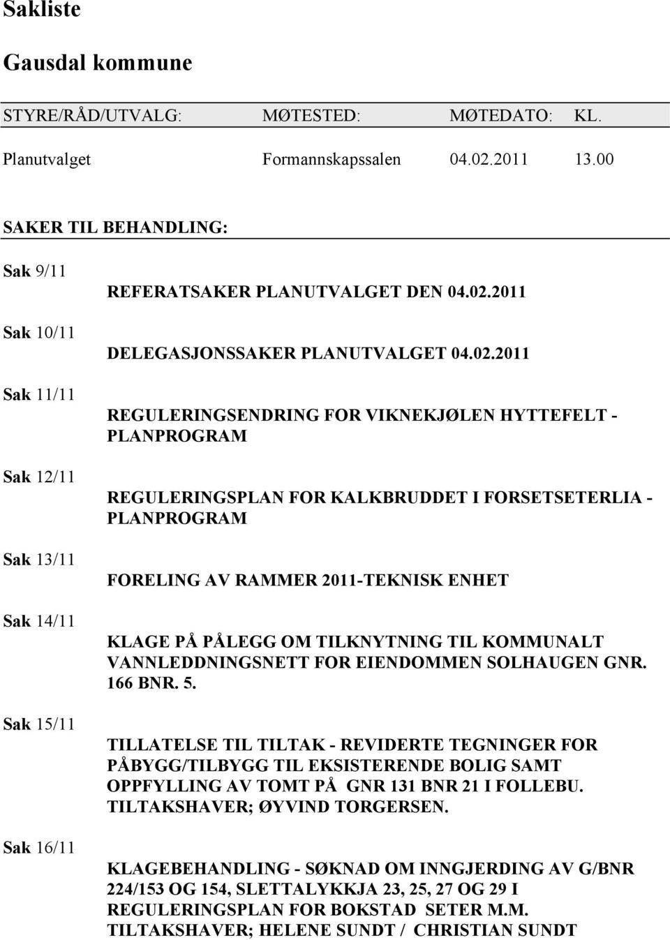 2011 DELEGASJONSSAKER PLANUTVALGET 04.02.