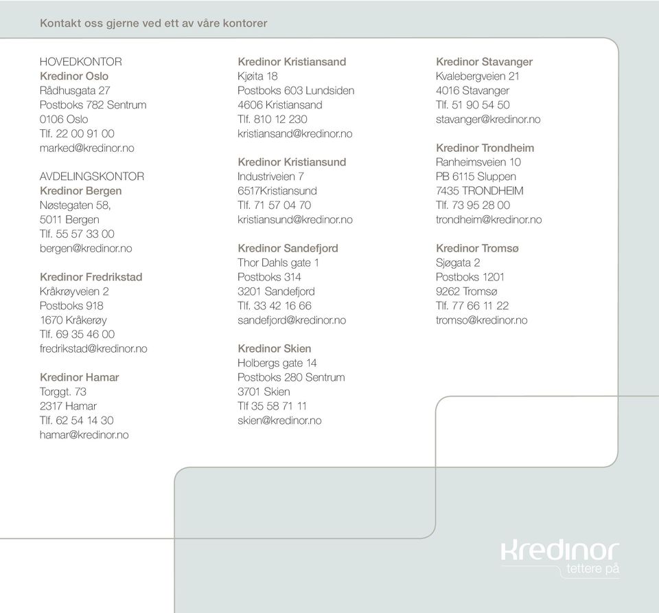 69 35 46 00 fredrikstad@kredinor.no Kredinor Hamar Torggt. 73 2317 Hamar Tlf. 62 54 14 30 hamar@kredinor.no Kredinor Kristiansand Kjøita 18 Postboks 603 Lundsiden 4606 Kristiansand Tlf.