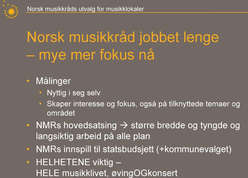 hovedsatsing større bredde og tyngde og langsiktig arbeid på alle plan NMRs