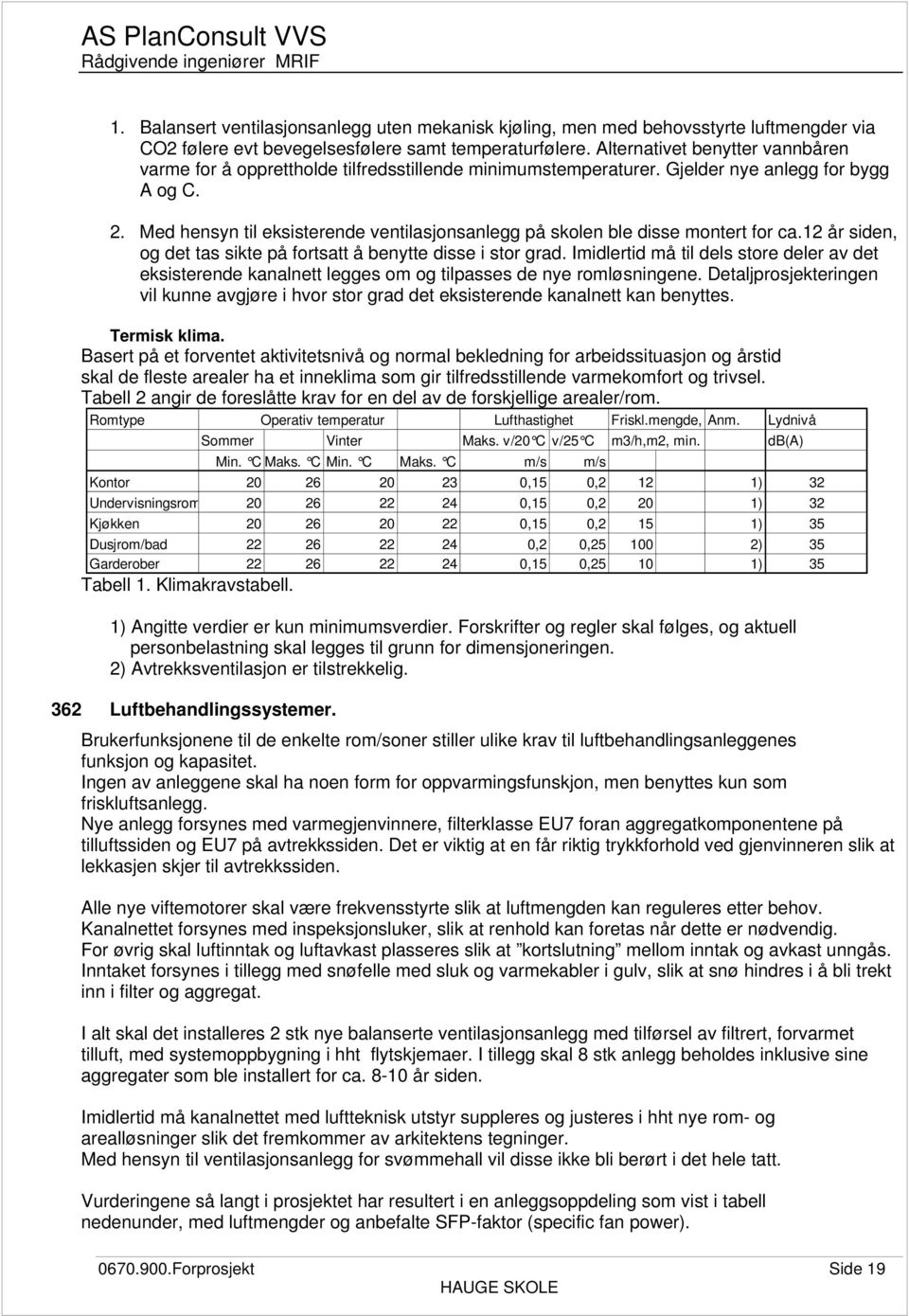 Med hensyn til eksisterende ventilasjonsanlegg på skolen ble disse montert for ca.12 år siden, og det tas sikte på fortsatt å benytte disse i stor grad.