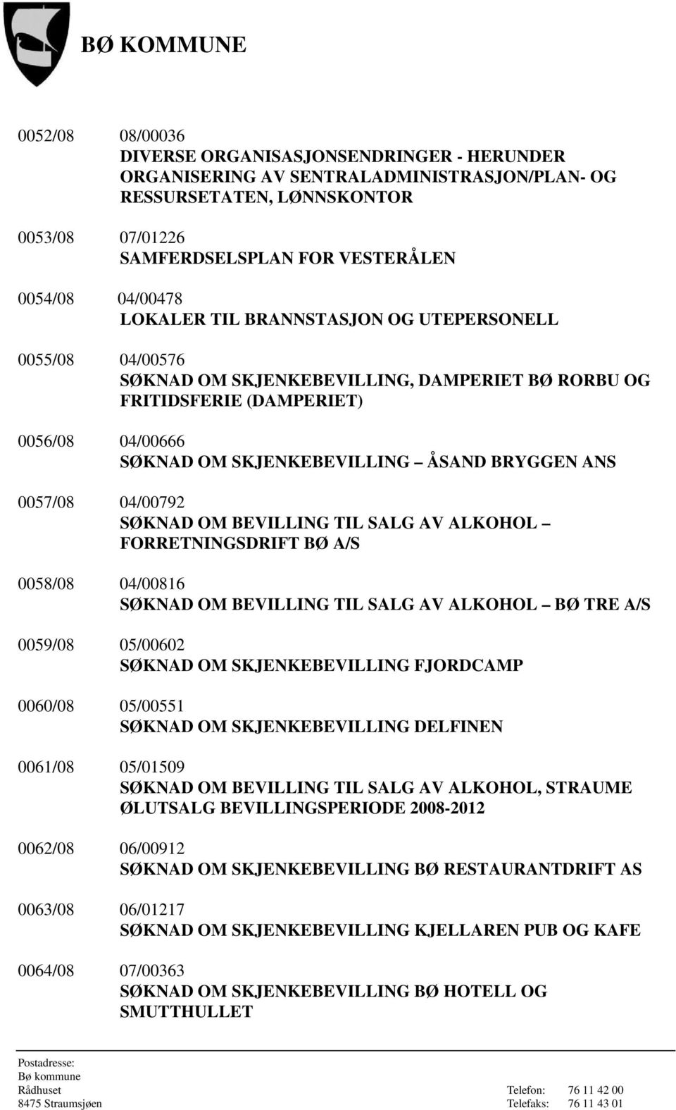 0057/08 04/00792 SØKNAD OM BEVILLING TIL SALG AV ALKOHOL FORRETNINGSDRIFT BØ A/S 0058/08 04/00816 SØKNAD OM BEVILLING TIL SALG AV ALKOHOL BØ TRE A/S 0059/08 05/00602 SØKNAD OM SKJENKEBEVILLING