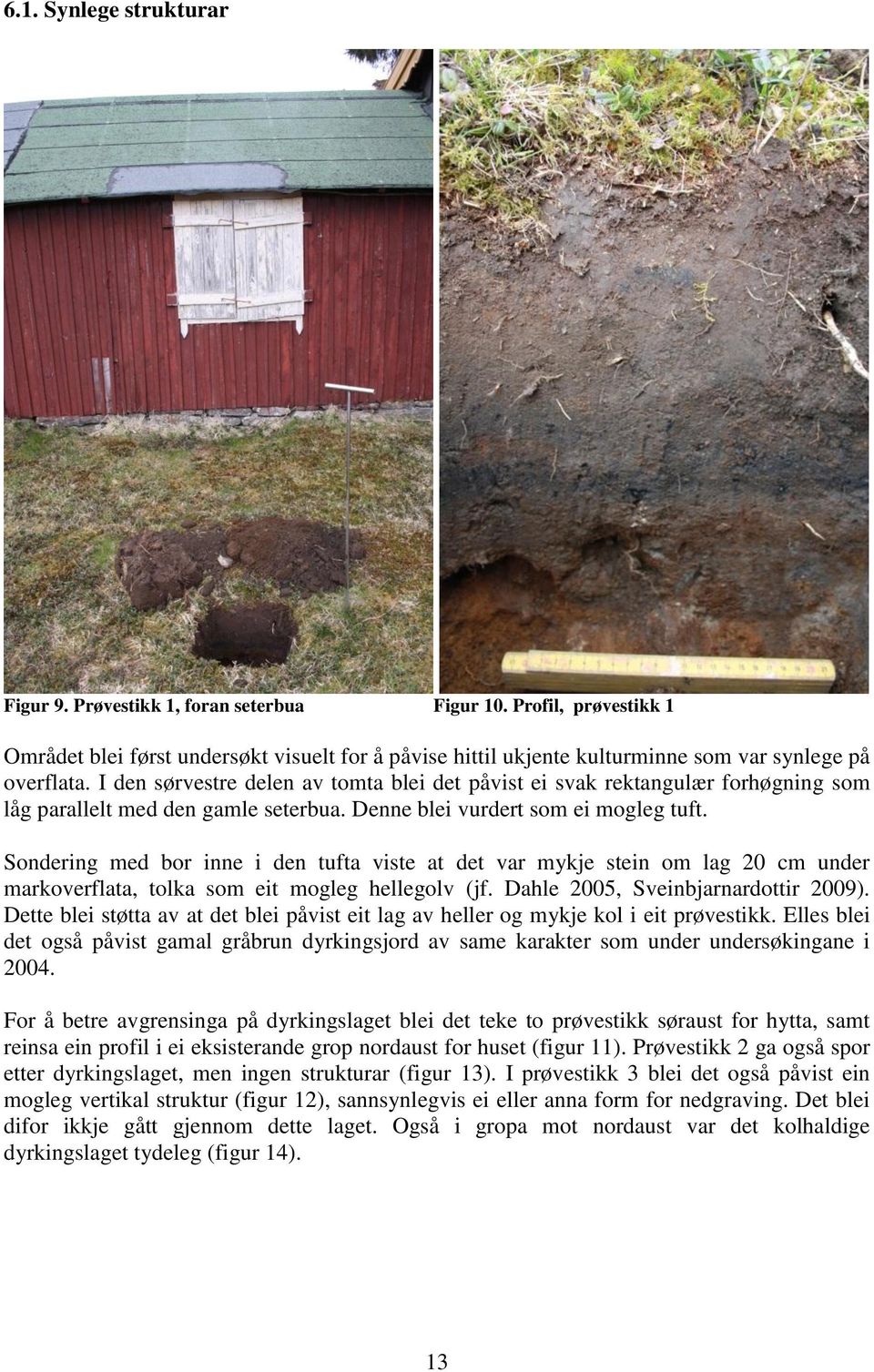 Sondering med bor inne i den tufta viste at det var mykje stein om lag 20 cm under markoverflata, tolka som eit mogleg hellegolv (jf. Dahle 2005, Sveinbjarnardottir 2009).