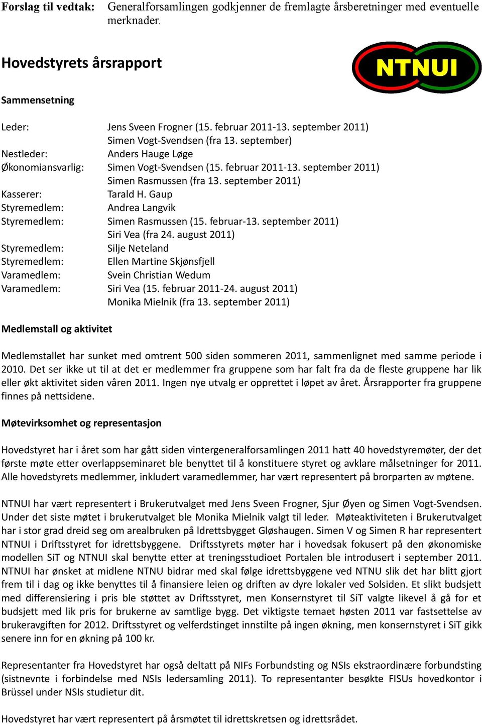 september 2011) Simen Vogt-Svendsen (fra 13. september) Anders Hauge Løge Simen Vogt-Svendsen (15. februar 2011-13. september 2011) Simen Rasmussen (fra 13. september 2011) Tarald H.