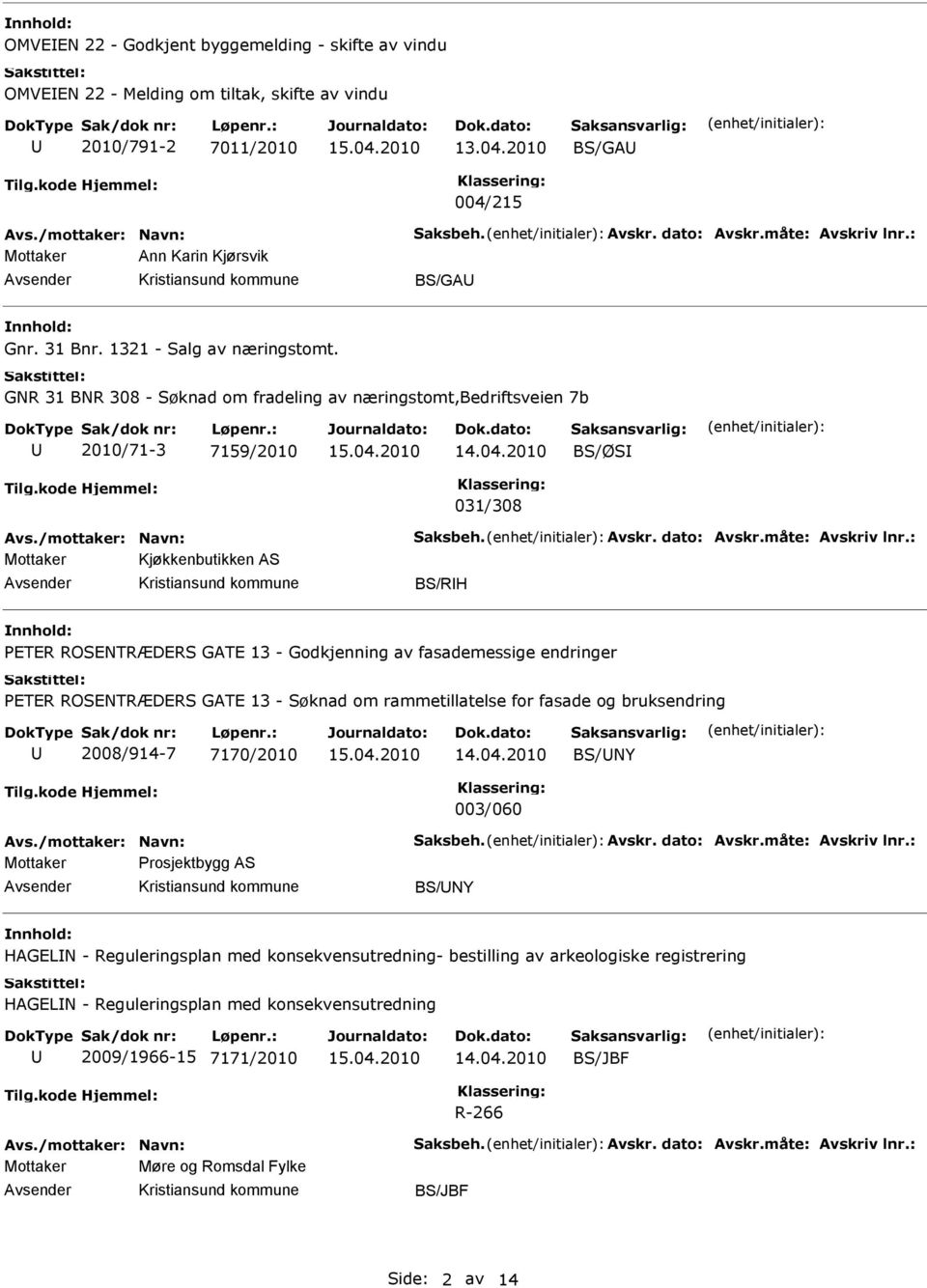 GNR 31 BNR 308 - Søknad om fradeling av næringstomt,bedriftsveien 7b 2010/71-3 7159/2010 BS/ØS 031/308 Mottaker Kjøkkenbutikken AS BS/RH PETER ROSENTRÆDERS GATE 13 - Godkjenning av fasademessige