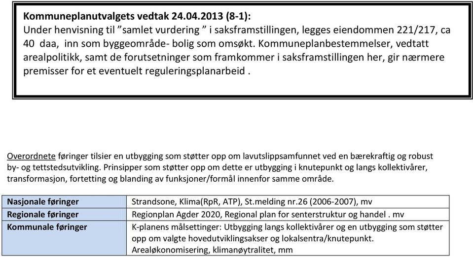 Overordnete føringer tilsier en utbygging som støtter opp om lavutslippsamfunnet ved en bærekraftig og robust by- og tettstedsutvikling.