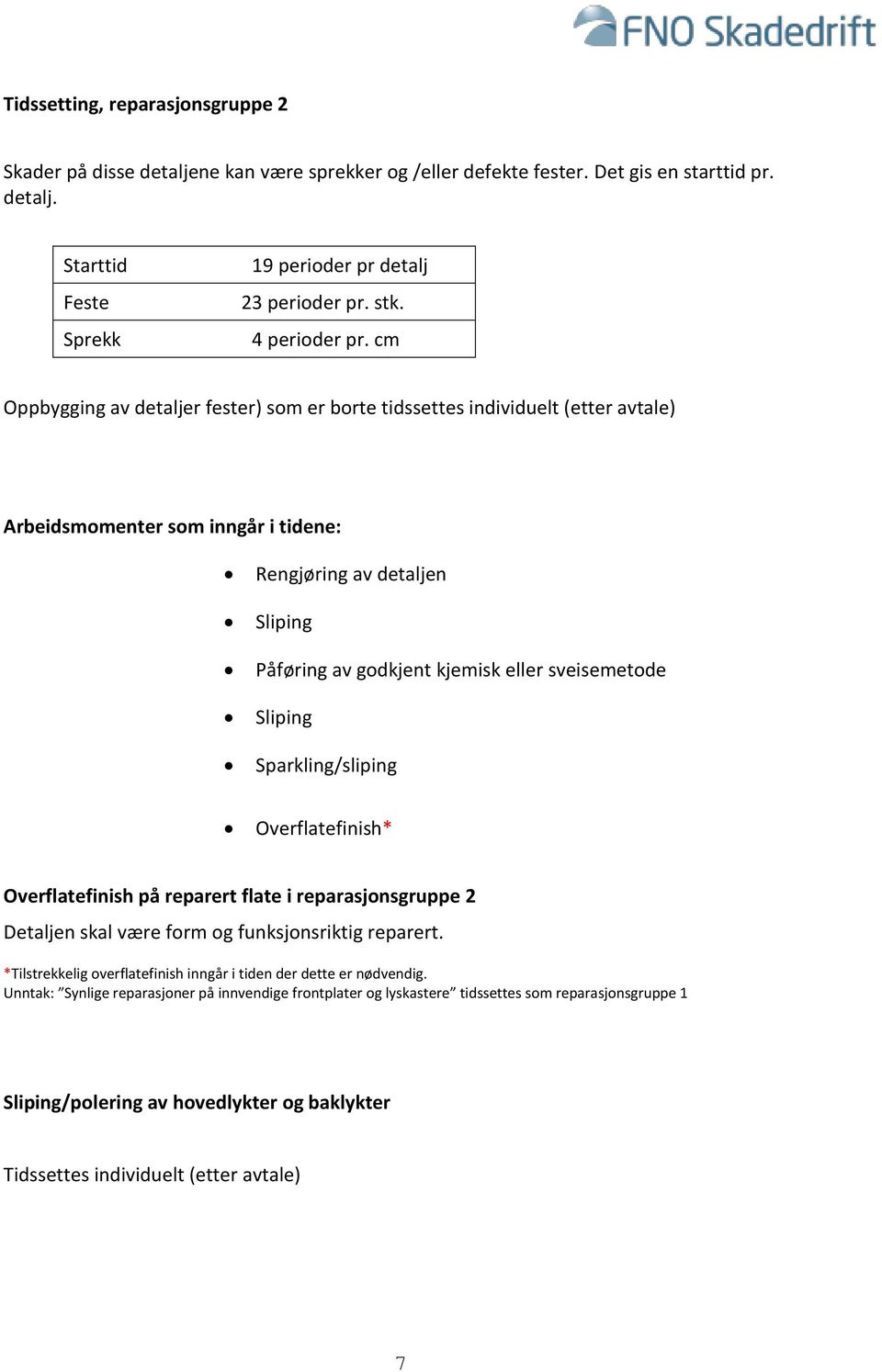 cm Oppbygging av detaljer fester) som er borte tidssettes individuelt (etter avtale) Arbeidsmomenter som inngår i tidene: Rengjøring av detaljen Sliping Påføring av godkjent kjemisk eller