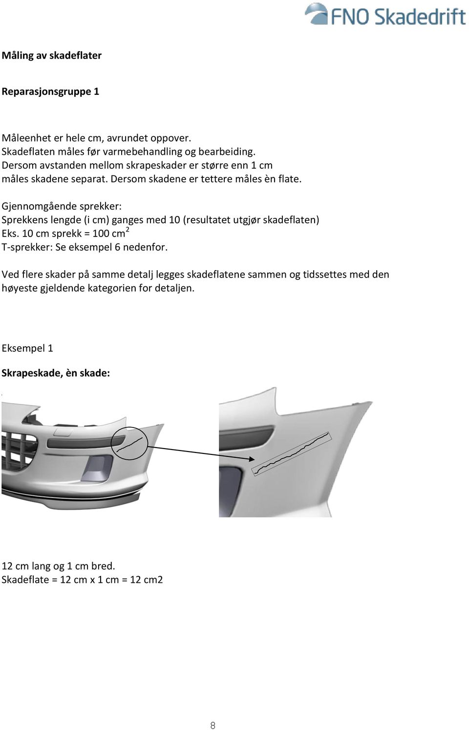 Gjennomgående sprekker: Sprekkens lengde (i cm) ganges med 10 (resultatet utgjør skadeflaten) Eks. 10 cm sprekk = 100 cm 2 T-sprekker: Se eksempel 6 nedenfor.