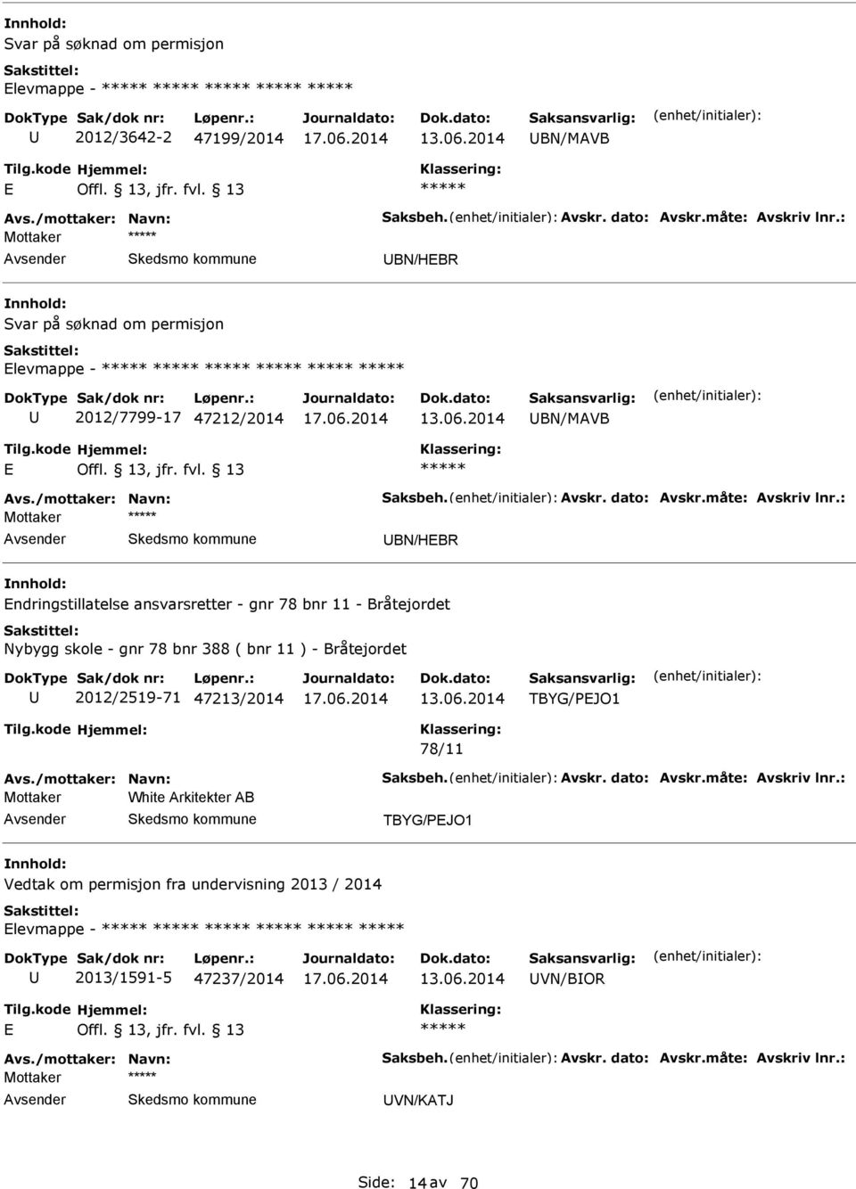 : Mottaker BN/HBR ndringstillatelse ansvarsretter - gnr 78 bnr 11 - Bråtejordet Nybygg skole - gnr 78 bnr 388 ( bnr 11 ) - Bråtejordet 2012/2519-71 47213/2014 TBYG/PJO1 78/11 Avs.