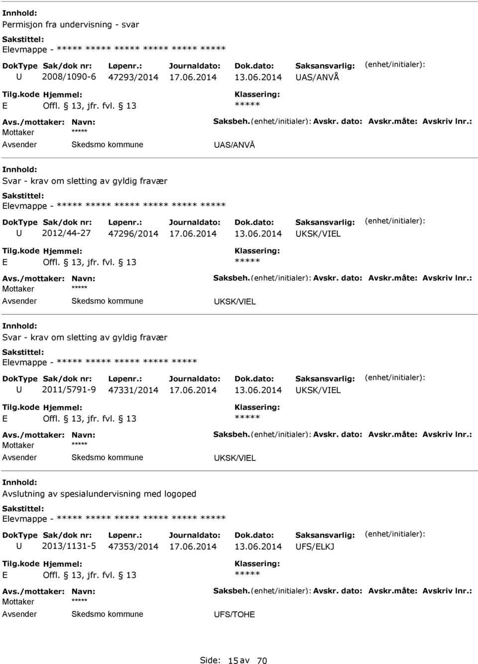 : Mottaker KSK/VL Svar - krav om sletting av gyldig fravær levmappe - 2011/5791-9 47331/2014 KSK/VL Avs./mottaker: Navn: Saksbeh. Avskr. dato: Avskr.måte: Avskriv lnr.