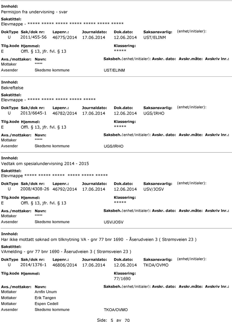 : Mottaker GS/RHO Vedtak om spesialundervisning 2014-2015 levmappe 2008/4308-26 46792/2014 SV/JOSV Avs./mottaker: Navn: Saksbeh. Avskr. dato: Avskr.måte: Avskriv lnr.