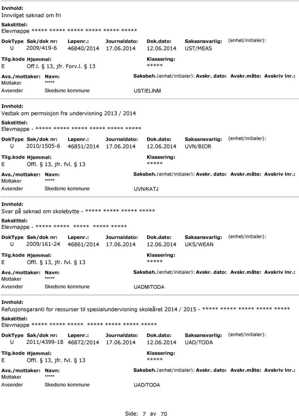 : Mottaker VN/KATJ Svar på søknad om skolebytte - levmappe - 2009/161-24 46861/2014 KS/WAN Avs./mottaker: Navn: Saksbeh. Avskr. dato: Avskr.måte: Avskriv lnr.