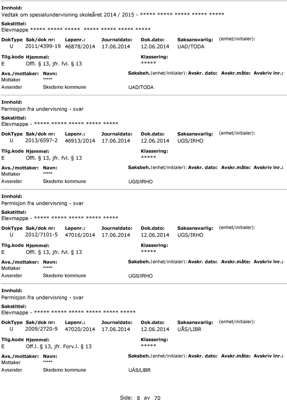 : Mottaker GS/RHO Permisjon fra undervisning - svar levmappe - 2012/7101-5 47016/2014 GS/RHO Avs./mottaker: Navn: Saksbeh. Avskr. dato: Avskr.måte: Avskriv lnr.