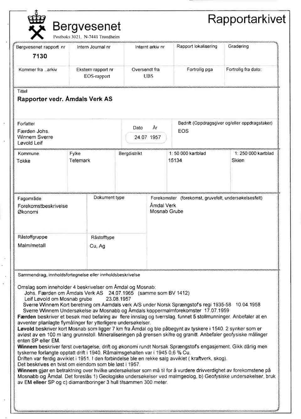 Amdals Verk AS Forfatter Bedrift (Oppdragsgiver og/eller oppdragstaker) Dato Ar Færden Johs. EOS Winnem Sverre 24.