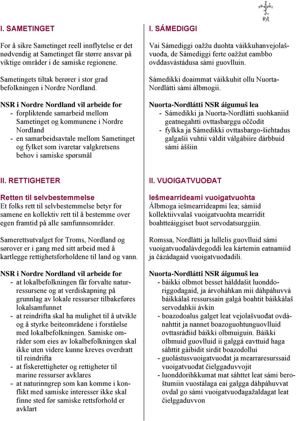 - forpliktende samarbeid mellom Sametinget og kommunene i Nordre Nordland - en samarbeidsavtale mellom Sametinget og fylket som ivaretar valgkretsens behov i samiske spørsmål I.
