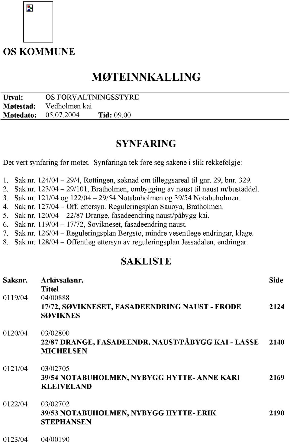 3. Sak nr. 121/04 og 122/04 29/54 Notabuholmen og 39/54 Notabuholmen. 4. Sak nr. 127/04 Off. ettersyn. Reguleringsplan Sauøya, Bratholmen. 5. Sak nr. 120/04 22/87 Drange, fasadeendring naust/påbygg kai.