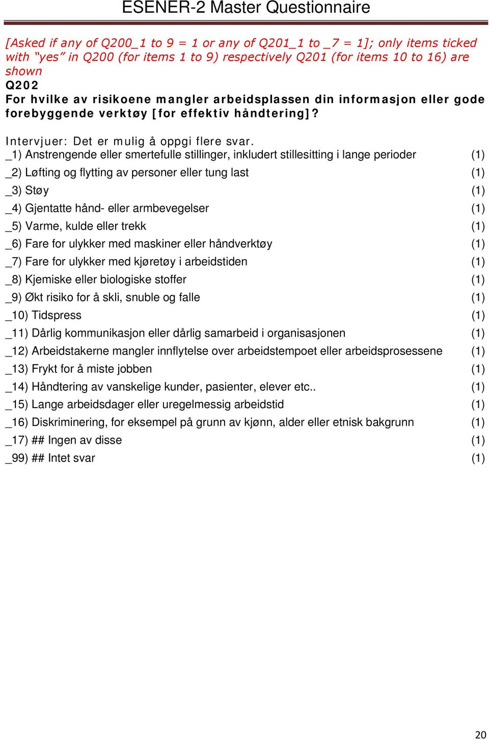 _1) Anstrengende eller smertefulle stillinger, inkludert stillesitting i lange perioder (1) _2) Løfting og flytting av personer eller tung last (1) _3) Støy (1) _4) Gjentatte hånd- eller